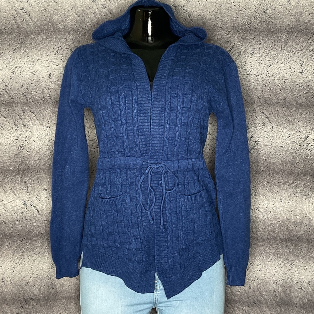 Navy Hooded Cable Knit Cardigan